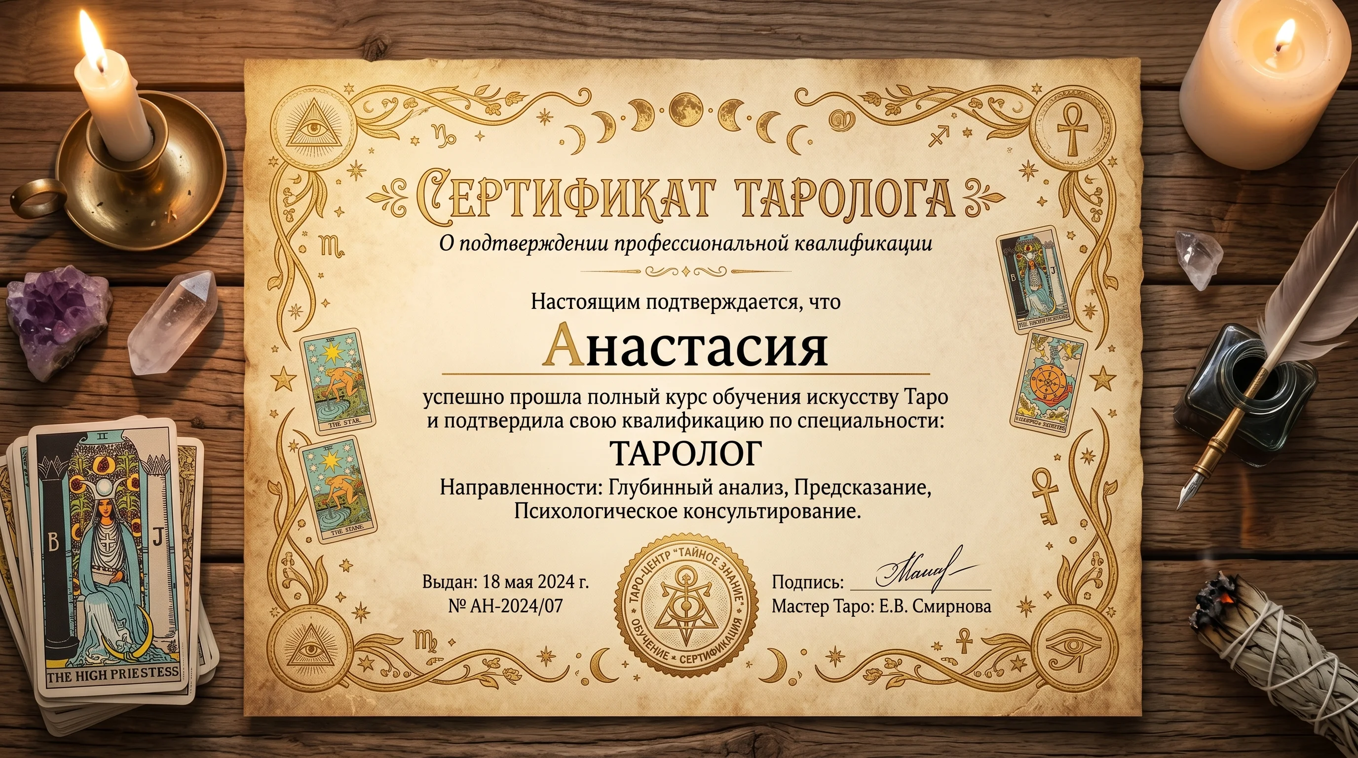 Сертификат Таролога и Ясновидящей Анастасии